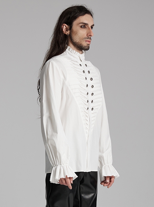 Simple White Woven Front Center Three Dimensional Pleats With Metal Buttons Embellished Gothic Style Long Sleeved Shirt