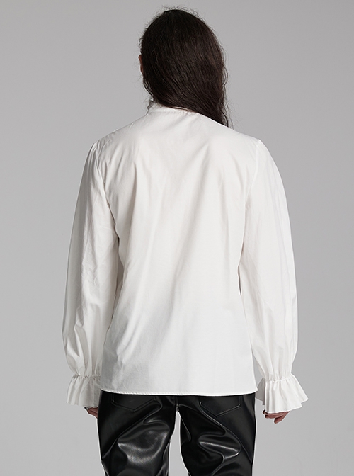 Simple White Woven Front Center Three Dimensional Pleats With Metal Buttons Embellished Gothic Style Long Sleeved Shirt