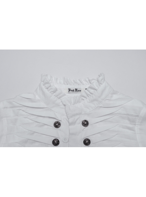 Simple White Woven Front Center Three Dimensional Pleats With Metal Buttons Embellished Gothic Style Long Sleeved Shirt
