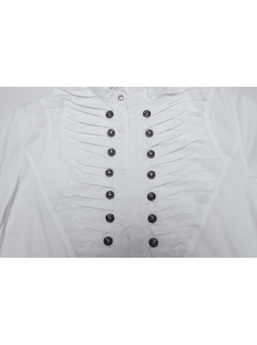 Simple White Woven Front Center Three Dimensional Pleats With Metal Buttons Embellished Gothic Style Long Sleeved Shirt