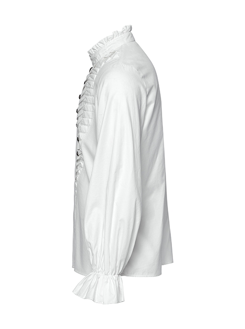 Simple White Woven Front Center Three Dimensional Pleats With Metal Buttons Embellished Gothic Style Long Sleeved Shirt