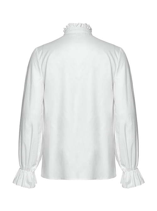 Simple White Woven Front Center Three Dimensional Pleats With Metal Buttons Embellished Gothic Style Long Sleeved Shirt