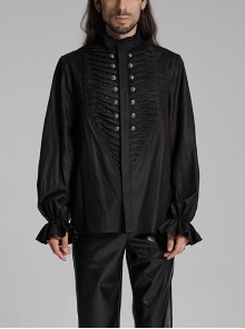 Simple Black Woven Front Center Three Dimensional Pleats With Metal Buttons Embellished Gothic Style Long Sleeved Shirt