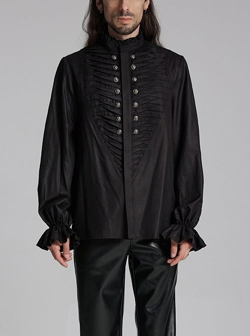 Simple Black Woven Front Center Three Dimensional Pleats With Metal Buttons Embellished Gothic Style Long Sleeved Shirt