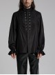 Simple Black Woven Front Center Three Dimensional Pleats With Metal Buttons Embellished Gothic Style Long Sleeved Shirt
