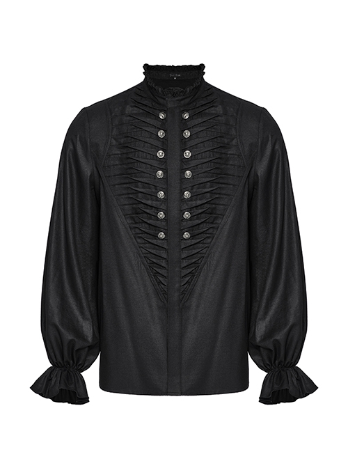 Simple Black Woven Front Center Three Dimensional Pleats With Metal Buttons Embellished Gothic Style Long Sleeved Shirt