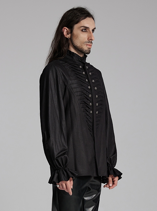 Simple Black Woven Front Center Three Dimensional Pleats With Metal Buttons Embellished Gothic Style Long Sleeved Shirt