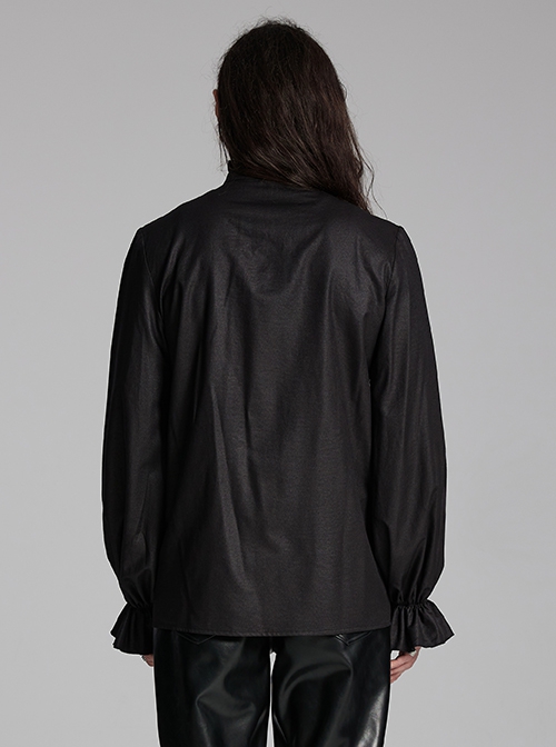 Simple Black Woven Front Center Three Dimensional Pleats With Metal Buttons Embellished Gothic Style Long Sleeved Shirt