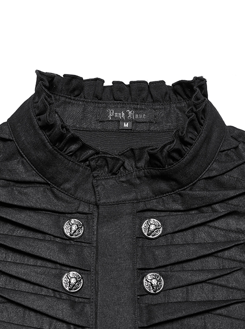 Simple Black Woven Front Center Three Dimensional Pleats With Metal Buttons Embellished Gothic Style Long Sleeved Shirt