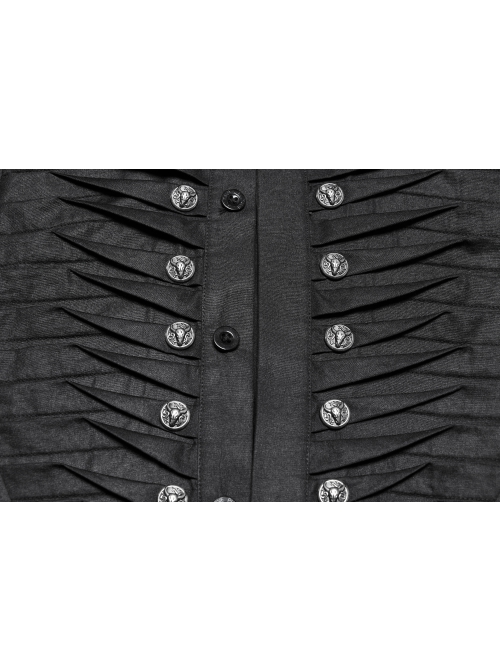 Simple Black Woven Front Center Three Dimensional Pleats With Metal Buttons Embellished Gothic Style Long Sleeved Shirt