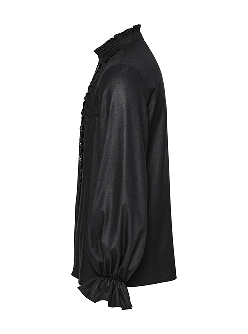 Simple Black Woven Front Center Three Dimensional Pleats With Metal Buttons Embellished Gothic Style Long Sleeved Shirt