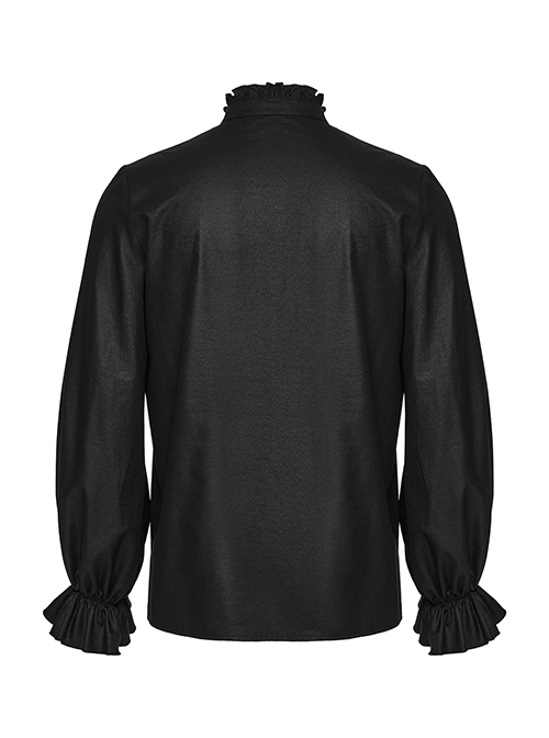 Simple Black Woven Front Center Three Dimensional Pleats With Metal Buttons Embellished Gothic Style Long Sleeved Shirt