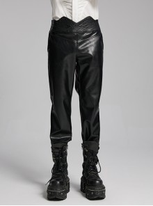 Simple Black Shiny Imitation Leather Front Center Three Dimensional Print With Rivet Embellishment Punk Style Oblique Pocket Trousers
