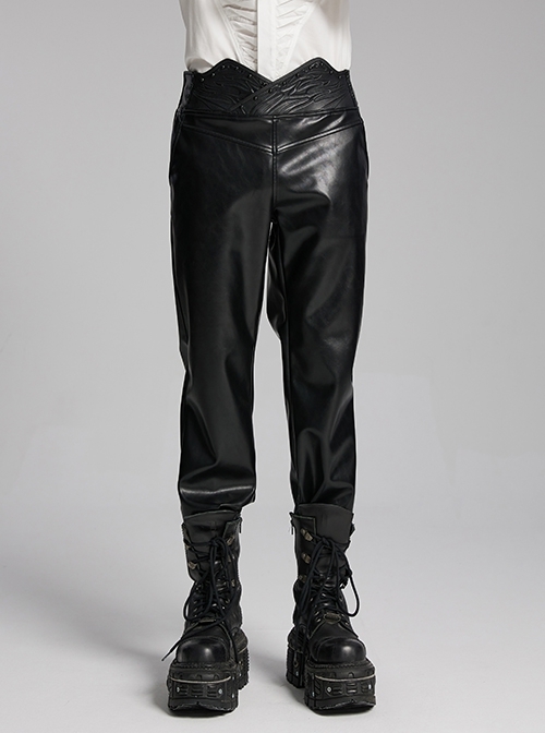 Simple Black Shiny Imitation Leather Front Center Three Dimensional Print With Rivet Embellishment Punk Style Oblique Pocket Trousers
