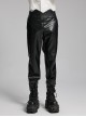 Simple Black Shiny Imitation Leather Front Center Three Dimensional Print With Rivet Embellishment Punk Style Oblique Pocket Trousers