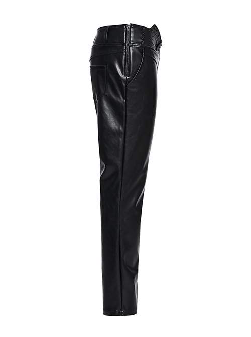 Simple Black Shiny Imitation Leather Front Center Three Dimensional Print With Rivet Embellishment Punk Style Oblique Pocket Trousers