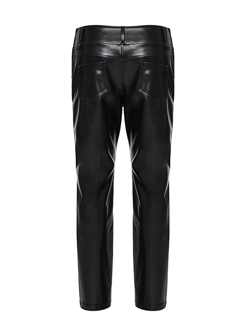 Simple Black Shiny Imitation Leather Front Center Three Dimensional Print With Rivet Embellishment Punk Style Oblique Pocket Trousers