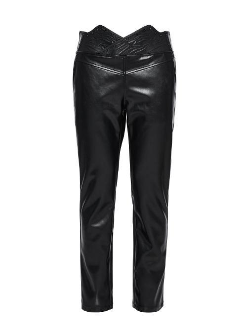 Simple Black Shiny Imitation Leather Front Center Three Dimensional Print With Rivet Embellishment Punk Style Oblique Pocket Trousers
