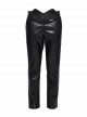Simple Black Shiny Imitation Leather Front Center Three Dimensional Print With Rivet Embellishment Punk Style Oblique Pocket Trousers