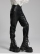 Simple Black Shiny Imitation Leather Front Center Three Dimensional Print With Rivet Embellishment Punk Style Oblique Pocket Trousers