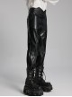 Simple Black Shiny Imitation Leather Front Center Three Dimensional Print With Rivet Embellishment Punk Style Oblique Pocket Trousers