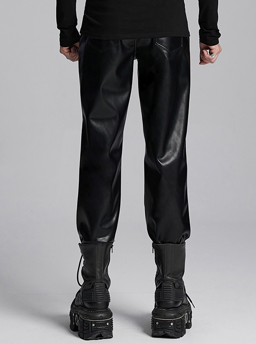 Simple Black Shiny Imitation Leather Front Center Three Dimensional Print With Rivet Embellishment Punk Style Oblique Pocket Trousers