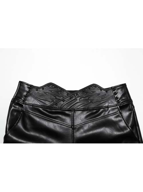 Simple Black Shiny Imitation Leather Front Center Three Dimensional Print With Rivet Embellishment Punk Style Oblique Pocket Trousers