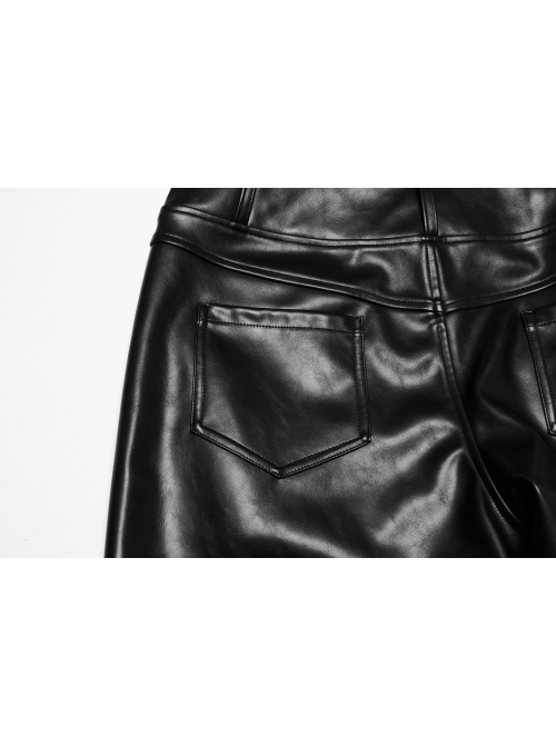 Simple Black Shiny Imitation Leather Front Center Three Dimensional Print With Rivet Embellishment Punk Style Oblique Pocket Trousers