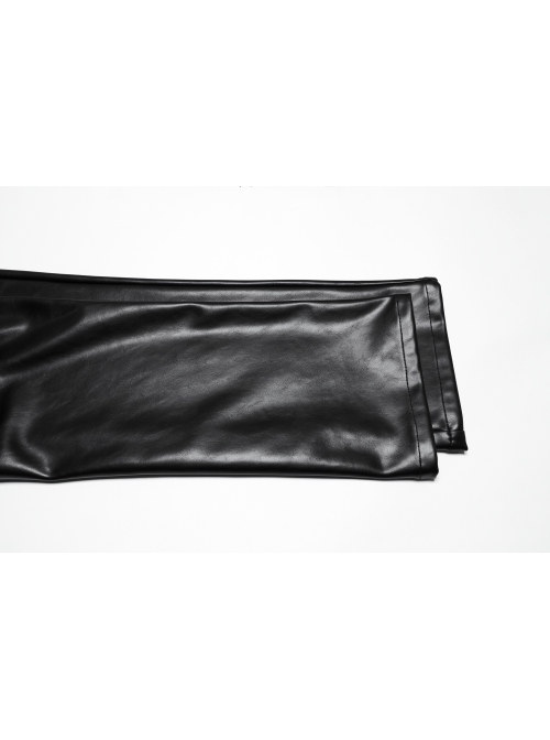 Simple Black Shiny Imitation Leather Front Center Three Dimensional Print With Rivet Embellishment Punk Style Oblique Pocket Trousers