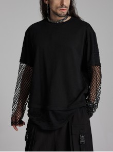 Black Fake Two Piece Knitted Patchwork Diamond Mesh Punk Style Decadent Long Sleeved T-Shirt