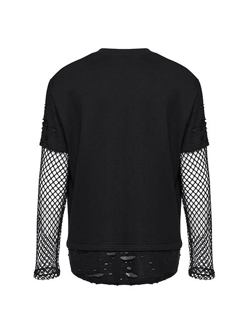 Black Fake Two Piece Knitted Patchwork Diamond Mesh Punk Style Decadent Long Sleeved T-Shirt