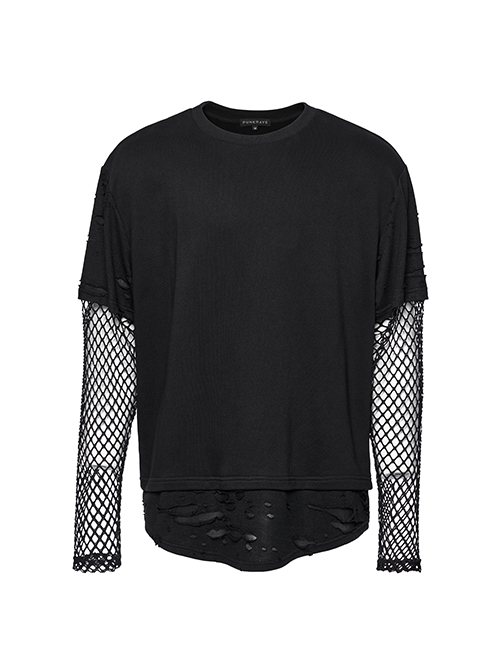 Black Fake Two Piece Knitted Patchwork Diamond Mesh Punk Style Decadent Long Sleeved T-Shirt
