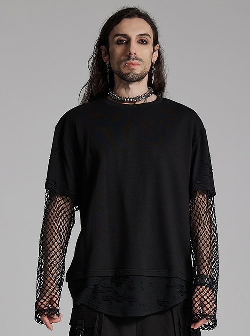Black Fake Two Piece Knitted Patchwork Diamond Mesh Punk Style Decadent Long Sleeved T-Shirt