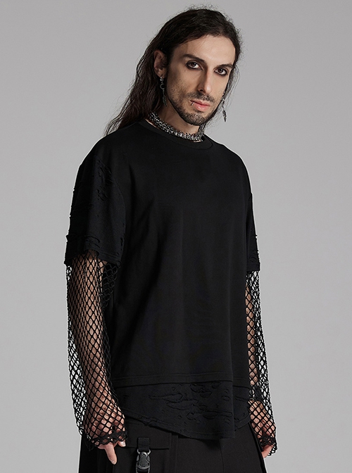 Black Fake Two Piece Knitted Patchwork Diamond Mesh Punk Style Decadent Long Sleeved T-Shirt