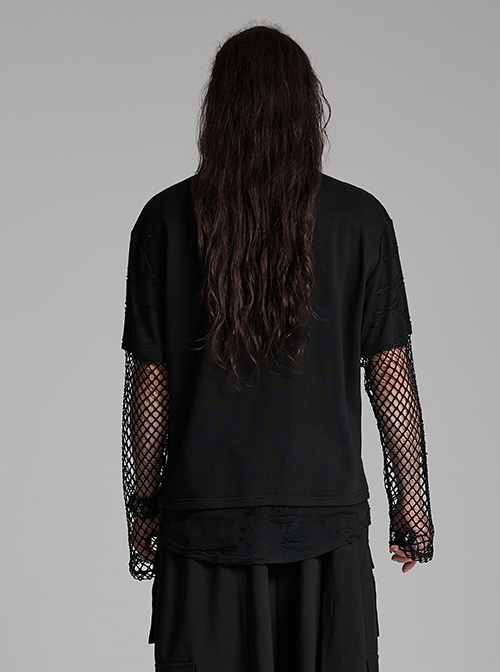 Black Fake Two Piece Knitted Patchwork Diamond Mesh Punk Style Decadent Long Sleeved T-Shirt