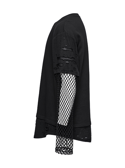 Black Fake Two Piece Knitted Patchwork Diamond Mesh Punk Style Decadent Long Sleeved T-Shirt