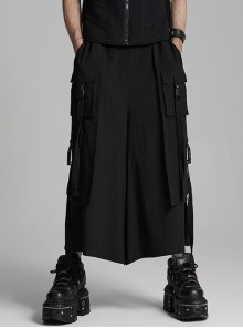 Black Non Stretch Twill Woven Side Personalized Loop Pocket Design Punk Style Loose Cropped Pants