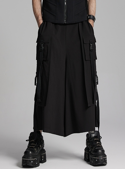 Black Non Stretch Twill Woven Side Personalized Loop Pocket Design Punk Style Loose Cropped Pants