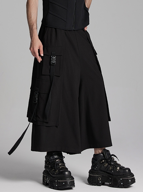 Black Non Stretch Twill Woven Side Personalized Loop Pocket Design Punk Style Loose Cropped Pants