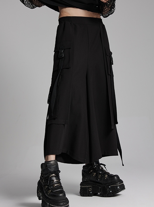 Black Non Stretch Twill Woven Side Personalized Loop Pocket Design Punk Style Loose Cropped Pants