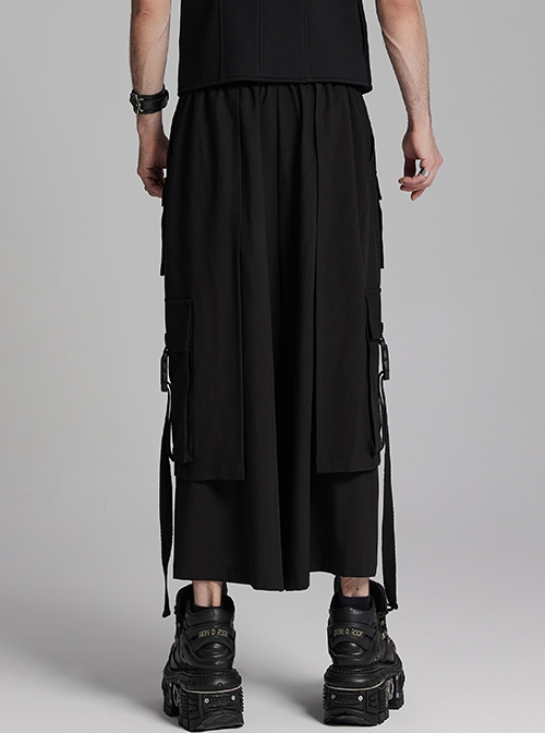 Black Non Stretch Twill Woven Side Personalized Loop Pocket Design Punk Style Loose Cropped Pants