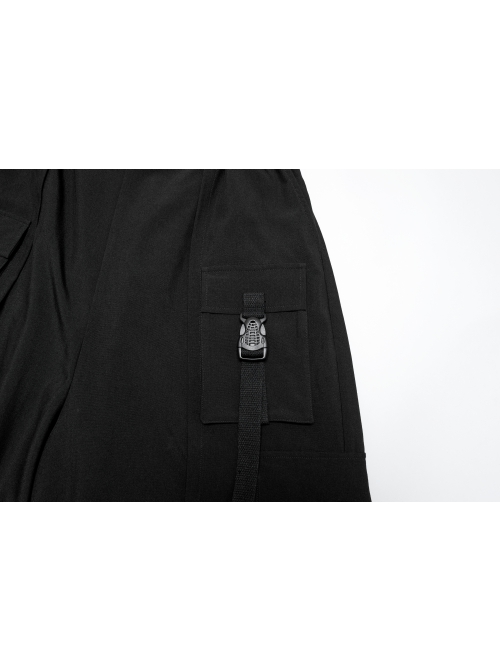 Black Non Stretch Twill Woven Side Personalized Loop Pocket Design Punk Style Loose Cropped Pants