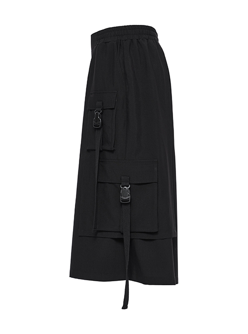 Black Non Stretch Twill Woven Side Personalized Loop Pocket Design Punk Style Loose Cropped Pants