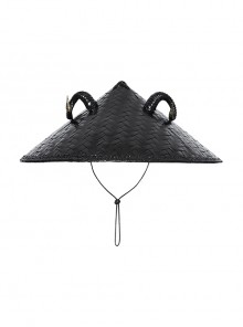 Dark Black Sheep Horns With Natural Bamboo Woven Punk Style Hat