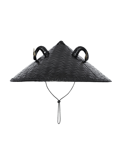 Dark Black Sheep Horns With Natural Bamboo Woven Punk Style Hat
