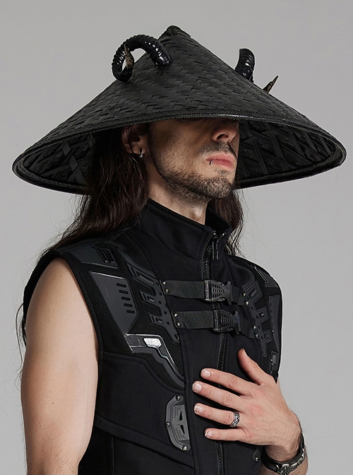 Dark Black Sheep Horns With Natural Bamboo Woven Punk Style Hat