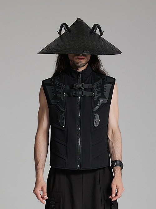 Dark Black Sheep Horns With Natural Bamboo Woven Punk Style Hat