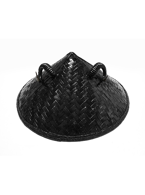 Dark Black Sheep Horns With Natural Bamboo Woven Punk Style Hat
