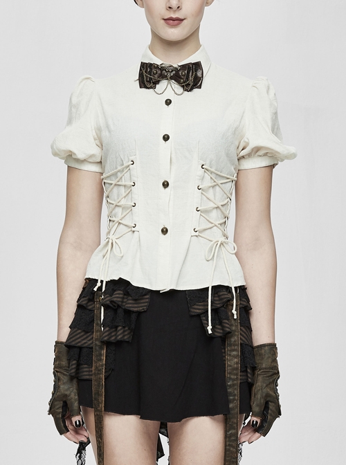 White Cotton Linen Short Bubble Sleeve Back Lace-Up Punk Blouse