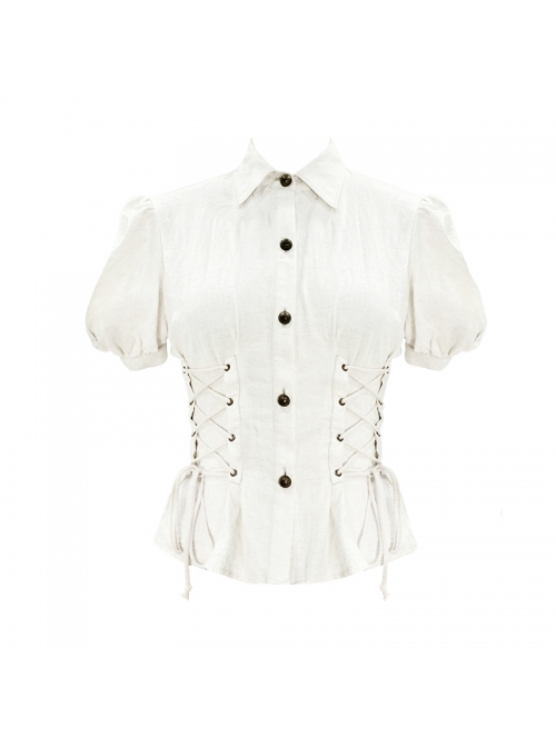 White Cotton Linen Short Bubble Sleeve Back Lace-Up Punk Blouse